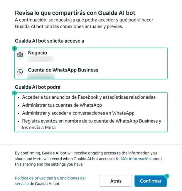 Paso de Meta con el resumen de activos y permisos que se comparten