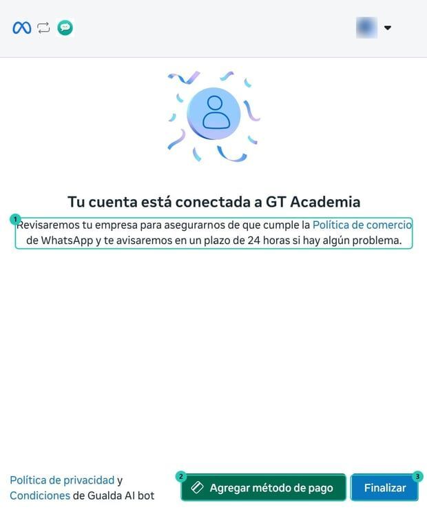 Pantalla final del registro de Meta con la cuenta conectada