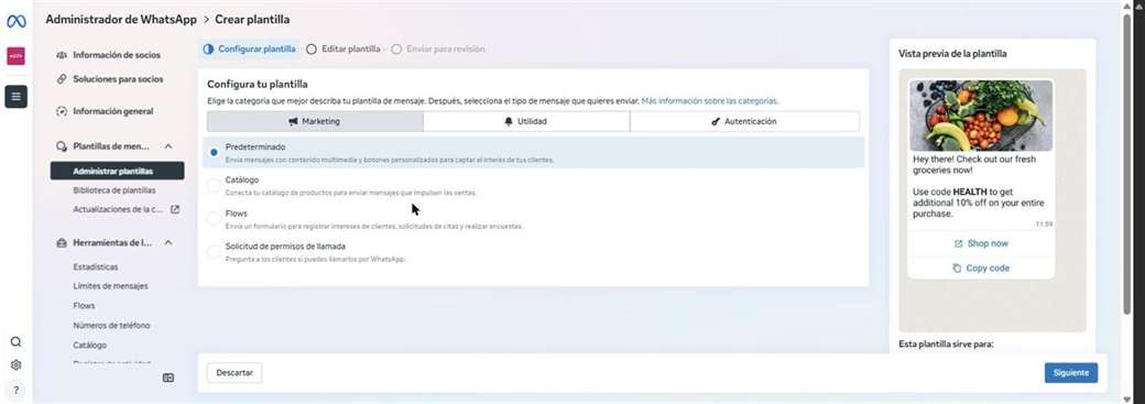 Paso Configurar plantilla en Meta con las categorías Marketing, Utilidad y Autenticación y los tipos de mensaje