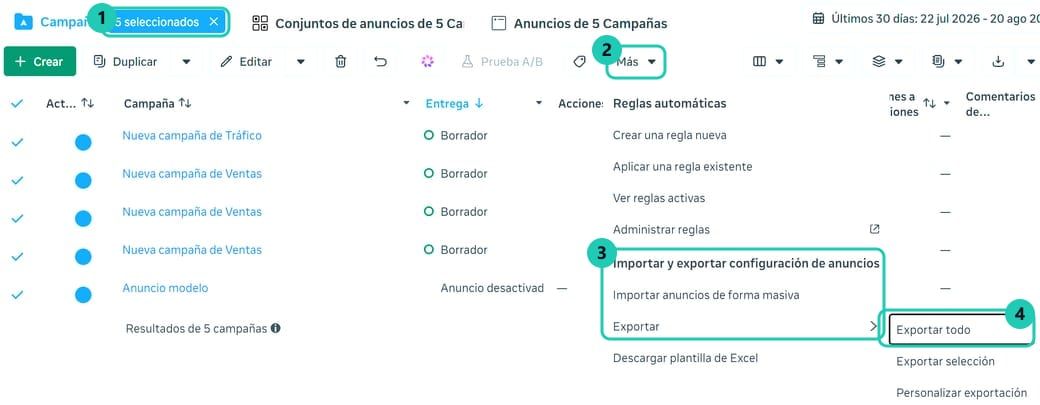 Administrador de anuncios de Meta con campañas seleccionadas y el menú Más desplegado en Importar y exportar configuración de anuncios, Exportar, Exportar todo
