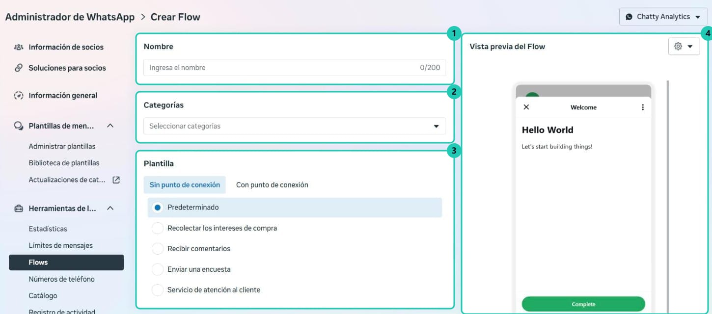 Pantalla Crear Flow del Administrador de WhatsApp con nombre, categorías, plantilla y vista previa