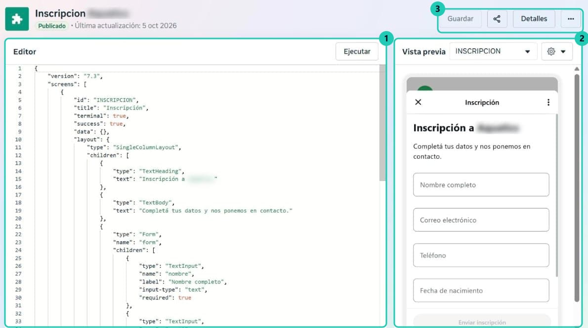 Editor de un Flow con el JSON a la izquierda y la vista previa del formulario de inscripción a la derecha