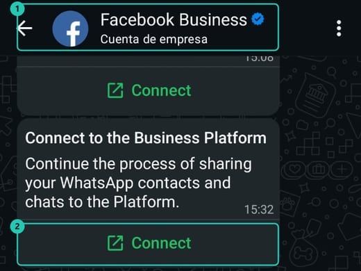 Mensaje de Facebook Business en la app de WhatsApp Business con el botón Connect