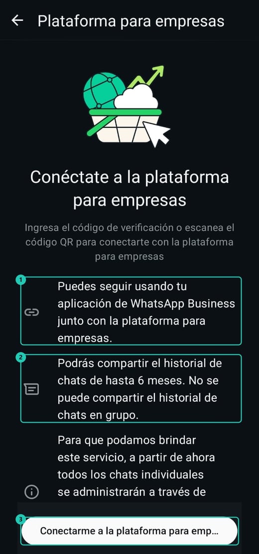 Pantalla Conéctate a la plataforma para empresas en la app de WhatsApp Business