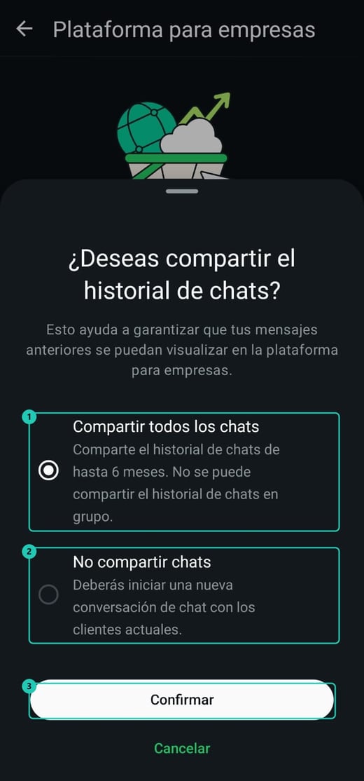 Pantalla de la app preguntando si se desea compartir el historial de chats
