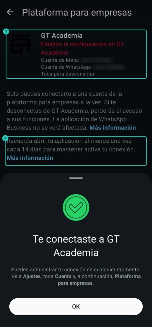 Pantalla Plataforma para empresas de la app con la conexión activa y el aviso de los 14 días
