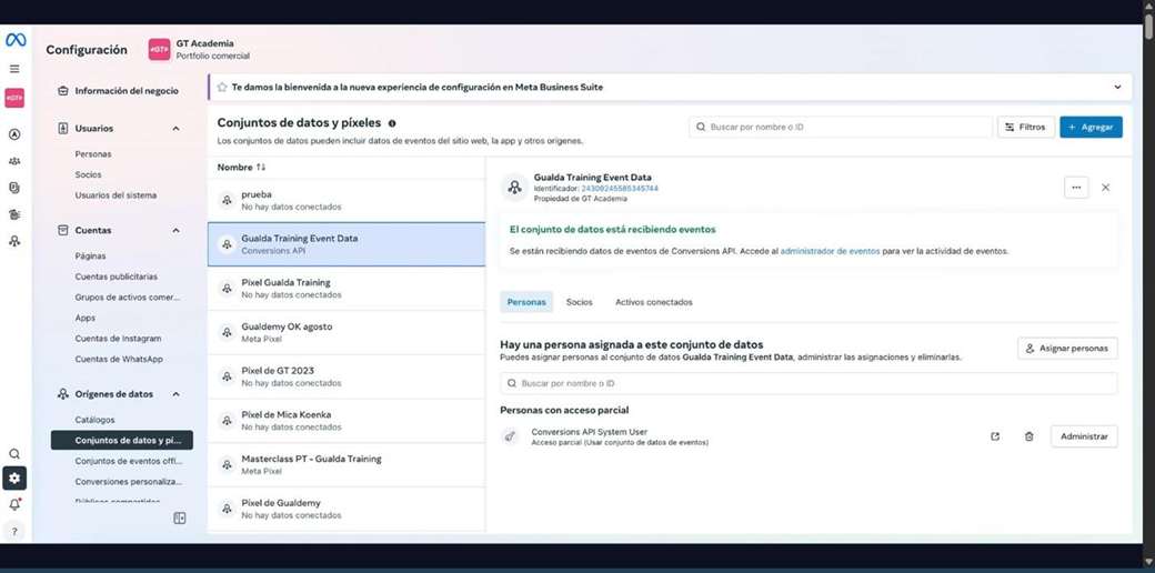 Conjuntos de datos y píxeles en Meta con el dataset Event Data de Chatty seleccionado y el aviso de que está recibiendo eventos
