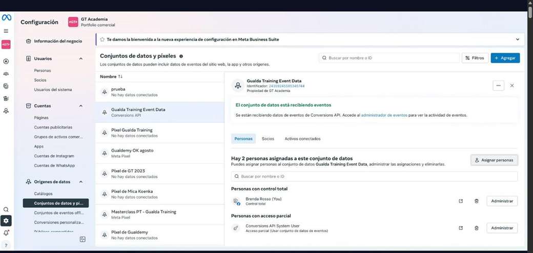 Pestaña Personas del dataset mostrando las personas asignadas con control total y acceso parcial
