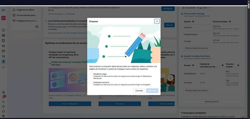 Asistente Empezar de Meta pidiendo conectar una página de Facebook o cuenta de Instagram