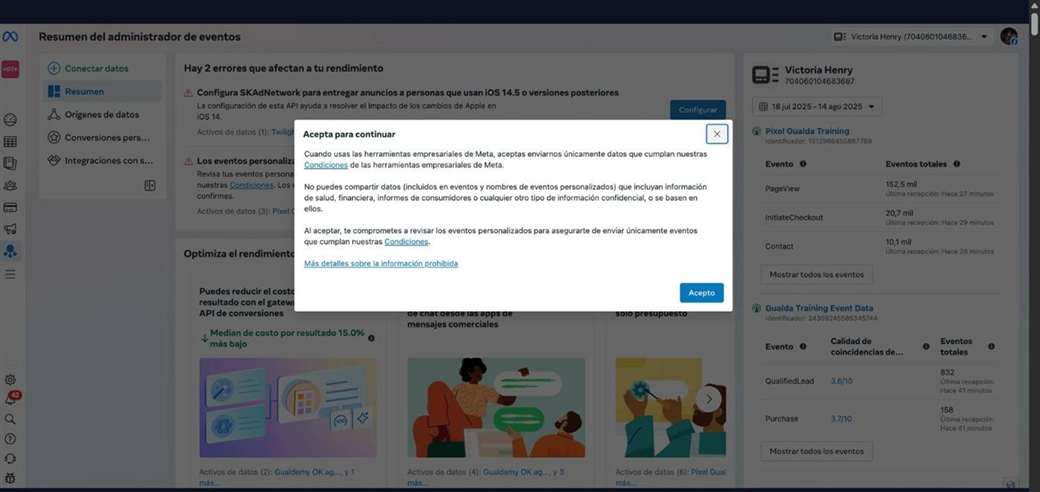Modal Acepta para continuar de Meta con las condiciones de uso de eventos personalizados