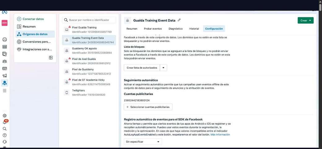Configuración del conjunto de datos con la sección Seguimiento automático y las cuentas publicitarias