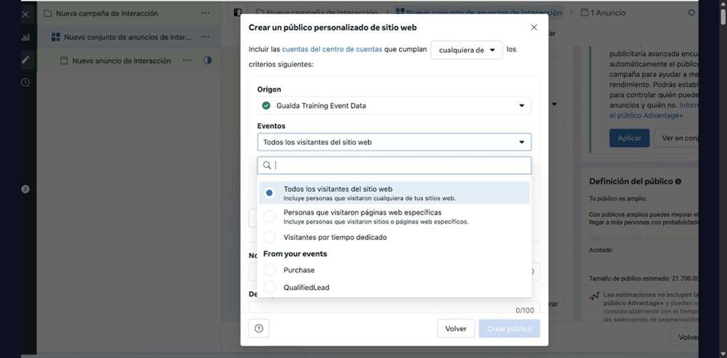 Modal de creación de público personalizado con el dataset de Chatty como origen y los eventos Purchase y QualifiedLead
