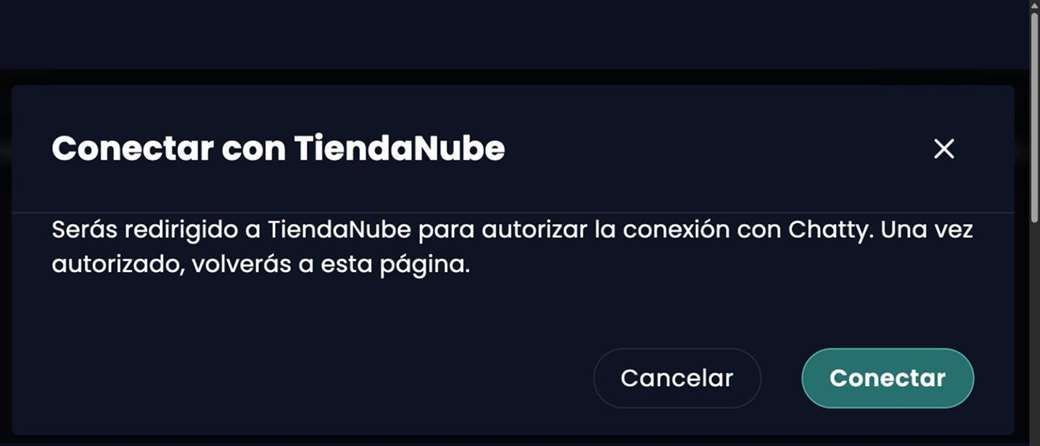 Modal Conectar con TiendaNube avisando que serás redirigido para autorizar la conexión